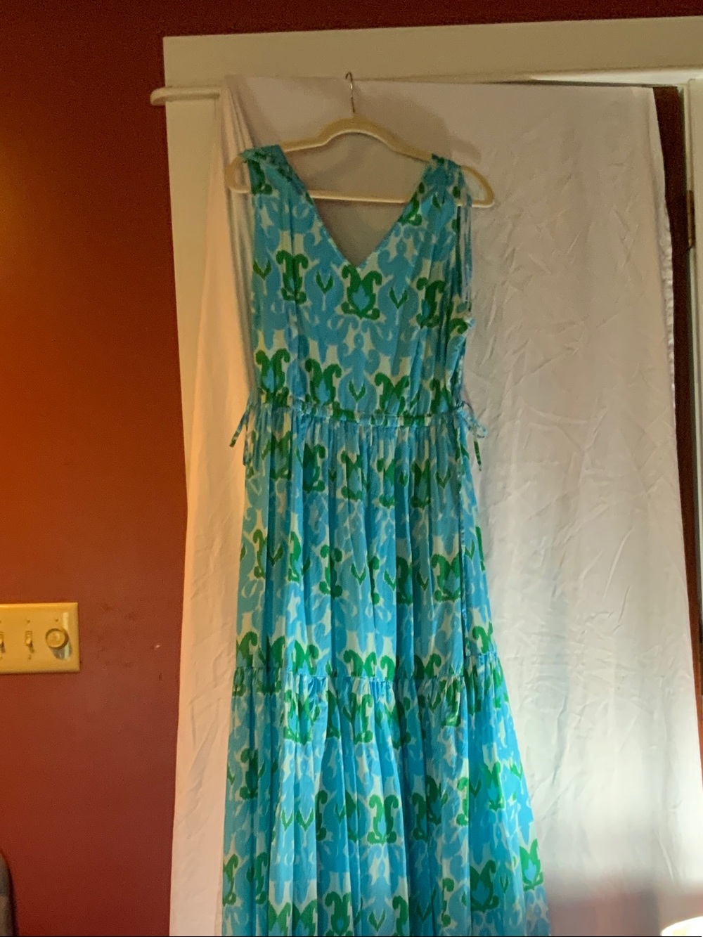 Talbots Blue and Green Patterned V-Neck Maxi Dress